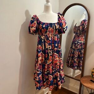 Sunday Up floral ruffled tiered smocked boho blue pink orange puff sleeve large